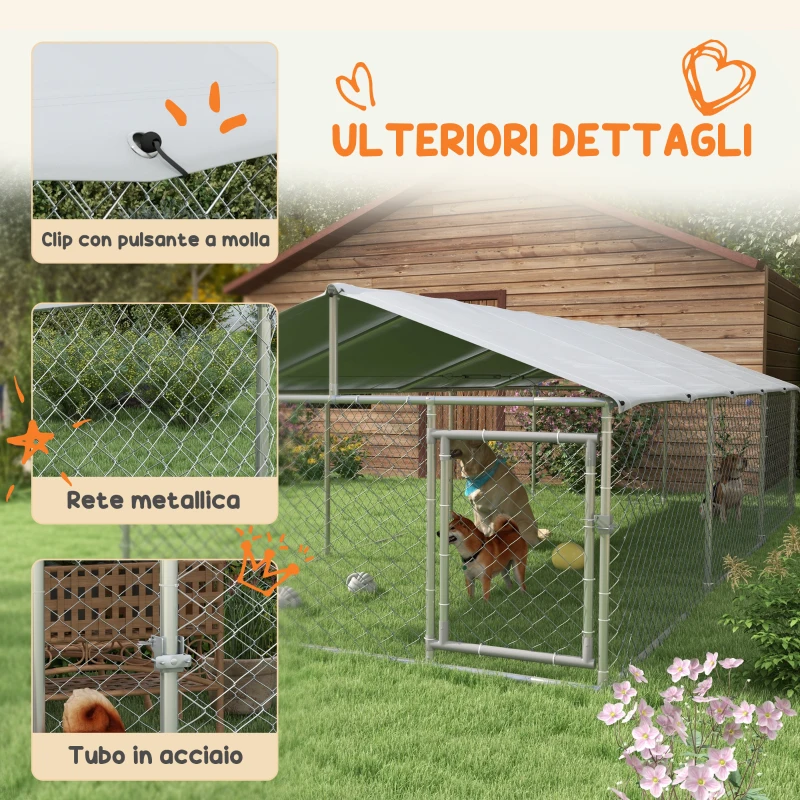 PawHut Recinto per Cani Grandi fino 30kg per Esterno, con Tetto Impermeabile e Anti-UV, 4x2.3x1.5m, Argento