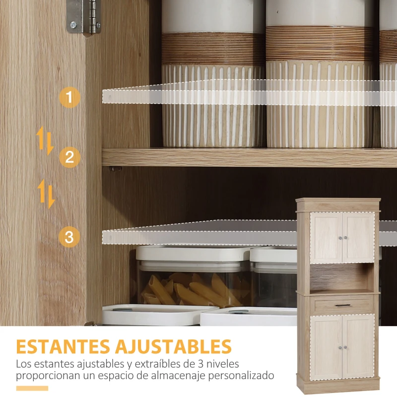 HOMCOM Alacena de Cocina con 4 Puertas 1 Cajón y Estante Abierto Mueble Auxiliar para Microondas 74x39,5x183 cm Roble(m-5)