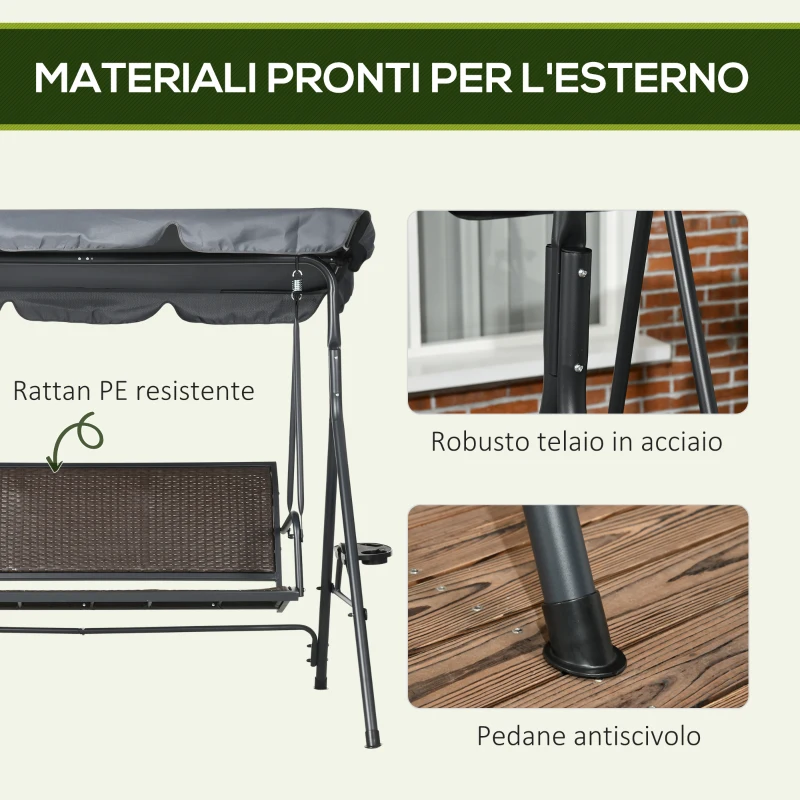 Outsunny Dondolo da Giardino 3 Posti in Rattan PE e Acciaio con Tettuccio Regolabile e Portabicchieri, 204x112x150 cm