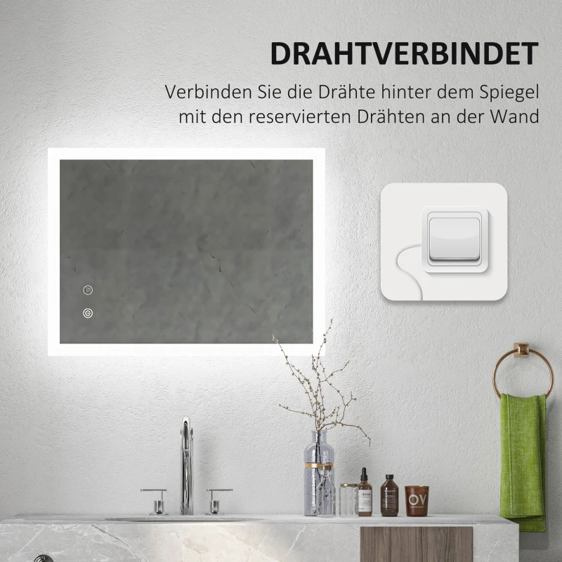 kleankin LED Badezimmerspiegel, Hintergrundbeleuchtung, Touch-Funktion, Memory-Funktion, kein Beschlagen, 80 x 60 cm