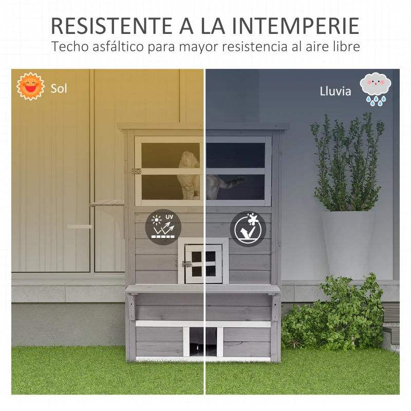 PawHut Caseta para Gatos de Madera Exterior Casa Grande para Gatos de 3 Pisos con Múltiples Entradas Ventanas y 2 Plataformas para Terraza Balcón Jardín 93,5x67x117 cm Gris