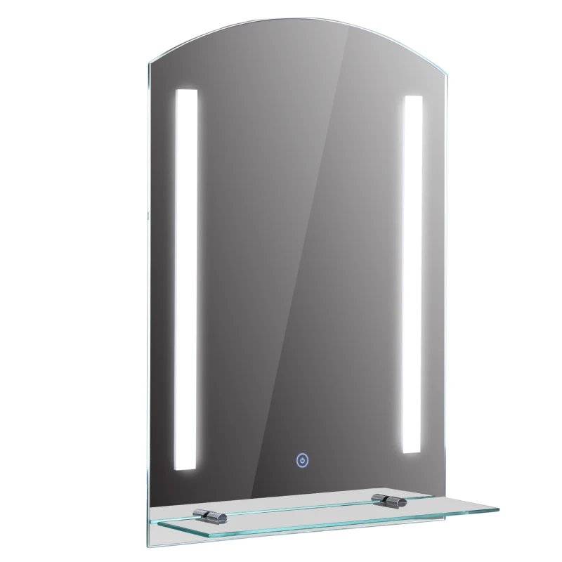 kleankin Specchio Bagno con Luce LED e Interruttore Touch, Mensola in Vetro e Struttura Alluminio, IP44, 50x70 cm Argento