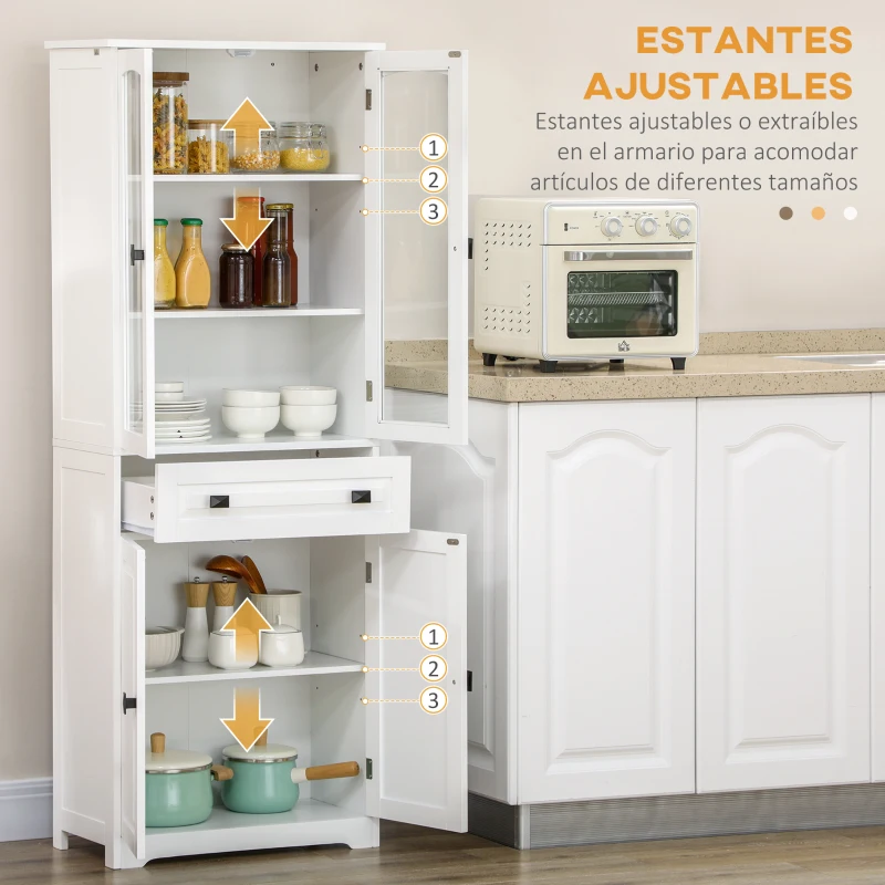 HOMCOM Alacena de Cocina con 2 Puertas de Vidrio 2 Estantes Ajustables y Cajón para Salón Comedor 60x30x160 cm Blanco