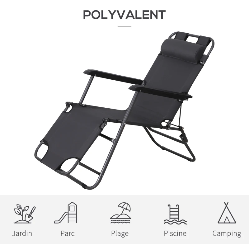 Outsunny Chaise Longue inclinable transat Bain de Soleil fauteuil relax jardin 2 en 1 Pliant têtière Amovible Charge Max. 136 Kg Toile Oxford Facile d'entretien Gris