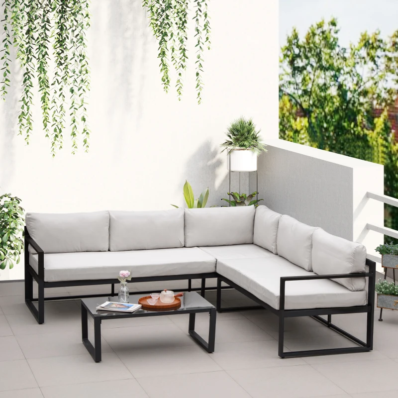 Outsunny Conjunto de Muebles de Jardín 3 Piezas de Aluminio Juego de Muebles con Mesa de Vidrio Sofá de 5 Plazas con Respaldo Ajustable y Cojines Extraíbles 206x68x62 cm Negro y Gris