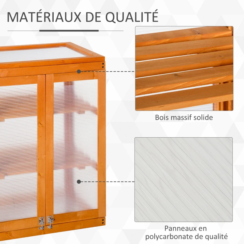 Outsunny Mini Serre de Jardin 3 Niveaux dim. 58L x 44l x 78H cm Double Porte Toit ouvrant Bois Sapin lasuré Polycarbonate
