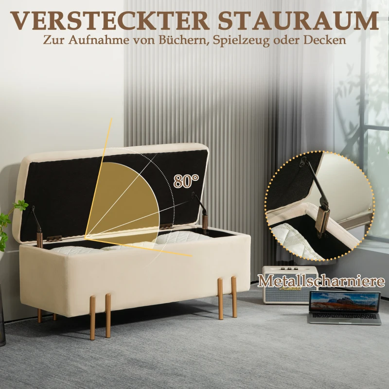 HOMCOM Polsterbank mit Stauraum, Truhenbank, Schaumstoff, Metall, Kautschukholz, 100 x 40 x 42 cm, Beige(m-4)