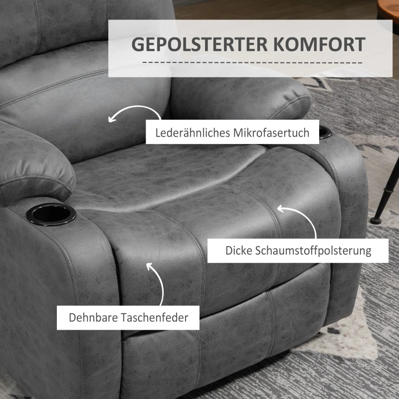 HOMCOM Relaxsessel mit Fußstütze und Liegefunktion, inkl. Getränkehalter, Fernsehsessel, 87 cm x 95 cm x102 cm, Grau