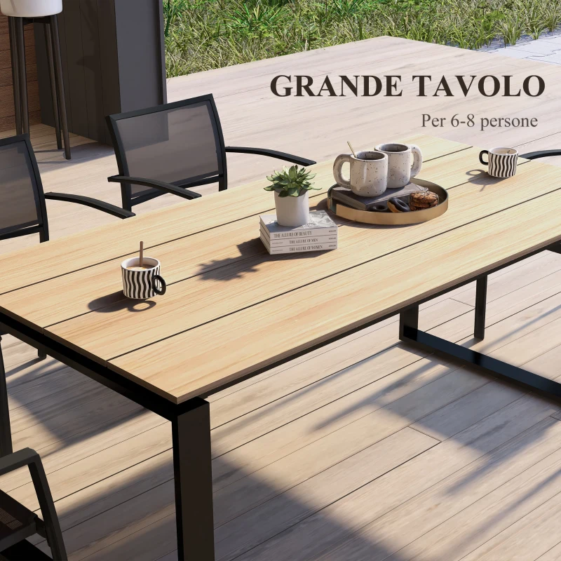 Outsunny Tavolo da Giardino Rettangolare in Alluminio con Piano a Doghe per 6-8 Persone, 180x90x74cm, Quercia