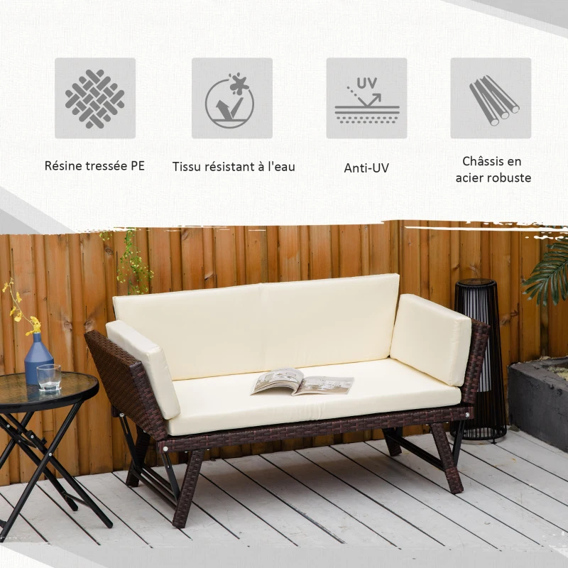 Outsunny Canapé lit de jardin extensible 3 places grand confort 4 coussins écru inclus résine tressée imitation rotin chocolat