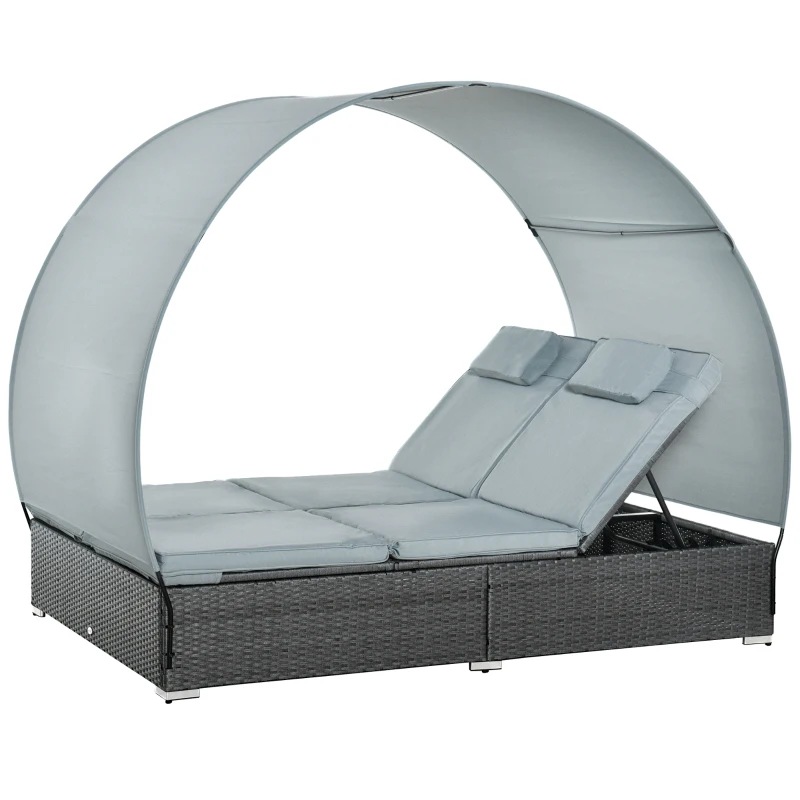 Outsunny Poly Rattan Doppelliege Sonnenliege für 2 Personen mit Sonnendach Gartenliege Stahl Polyester Grau 196 x 137 x 36,5 cm