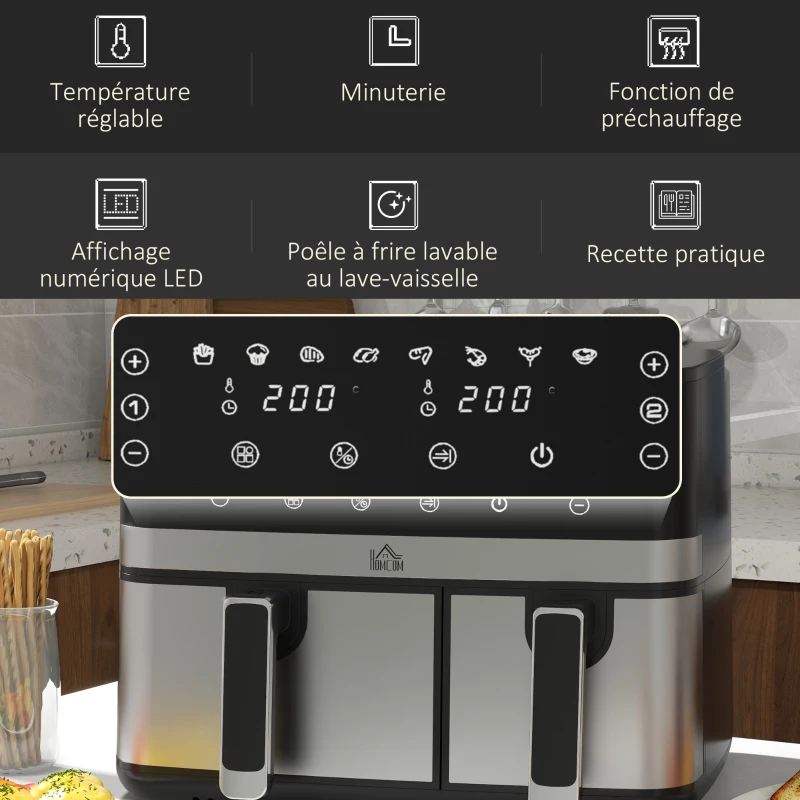 HOMCOM Friteuse à air sans huile, Air Fryer, double compartiment 8,5 L, 2700 W - 8 programmes, température réglable, minuterie