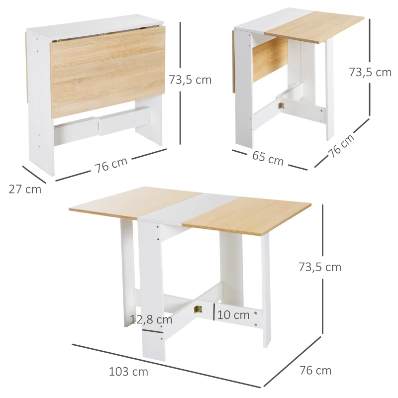 HOMCOM Klapptisch, Esstisch mit klappbarer Arbeitsplatte, Schreibtisch, Arbeitsstation, Beistelltisch, Spanplatte, Eiche, Weiß, 103 x 76 x 73,5  cm