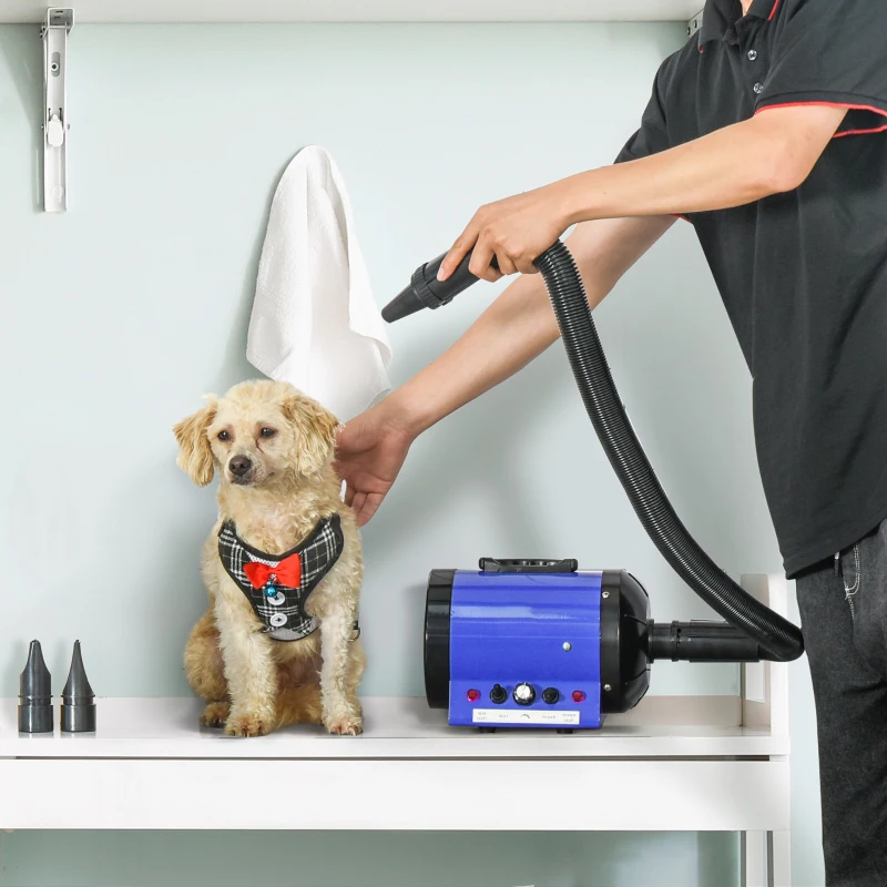 PawHut Séchoir professionnel sèche-poils toilettage pulseur sèche-cheveux pour chiens chats animaux 2800W vitesse et température réglable 3 buses interchangeables incluses bleu