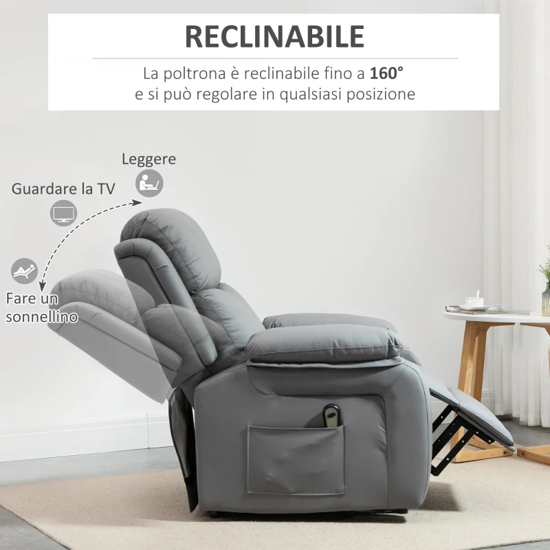 HOMCOM Poltrona Relax Elettrica e Alzapersona Reclinabile fino 160° con Telecomando, in Similpelle - Grigio