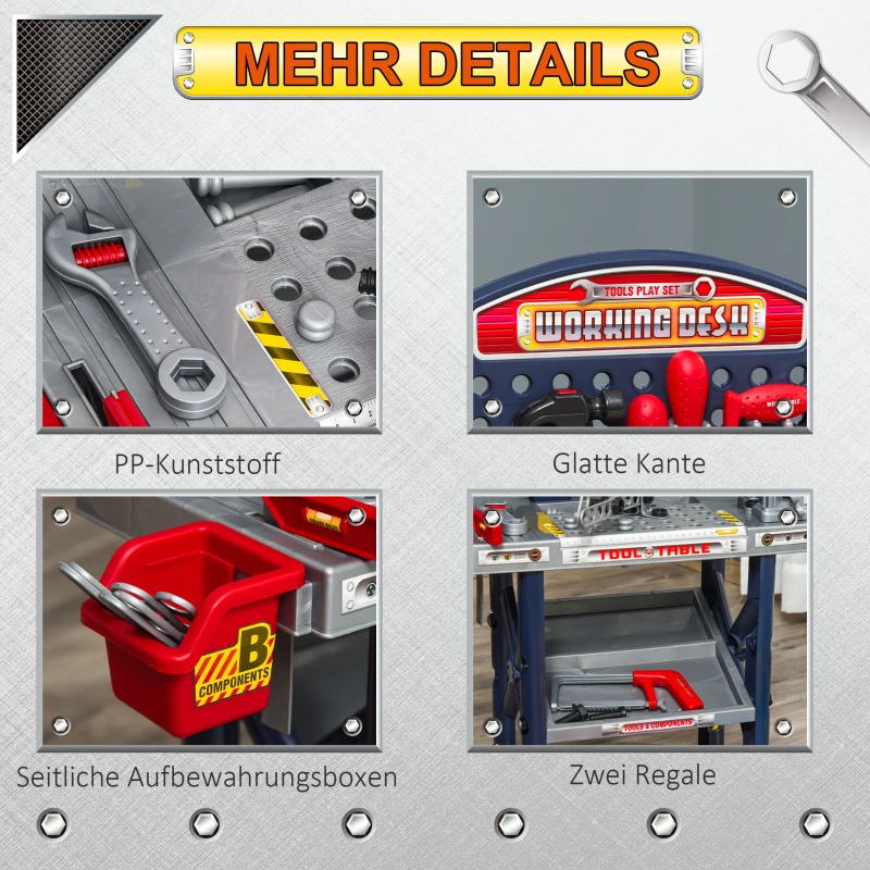 HOMCOM Kinder Werkbank Arbeitstisch Werkbanktisch mit 55 Zubehören Rollenspiel Spielzeug für Kinder von 3 bis 6 Jahren PP-kunststoff Blau+Grau  69 x 26,5 x 75 cm