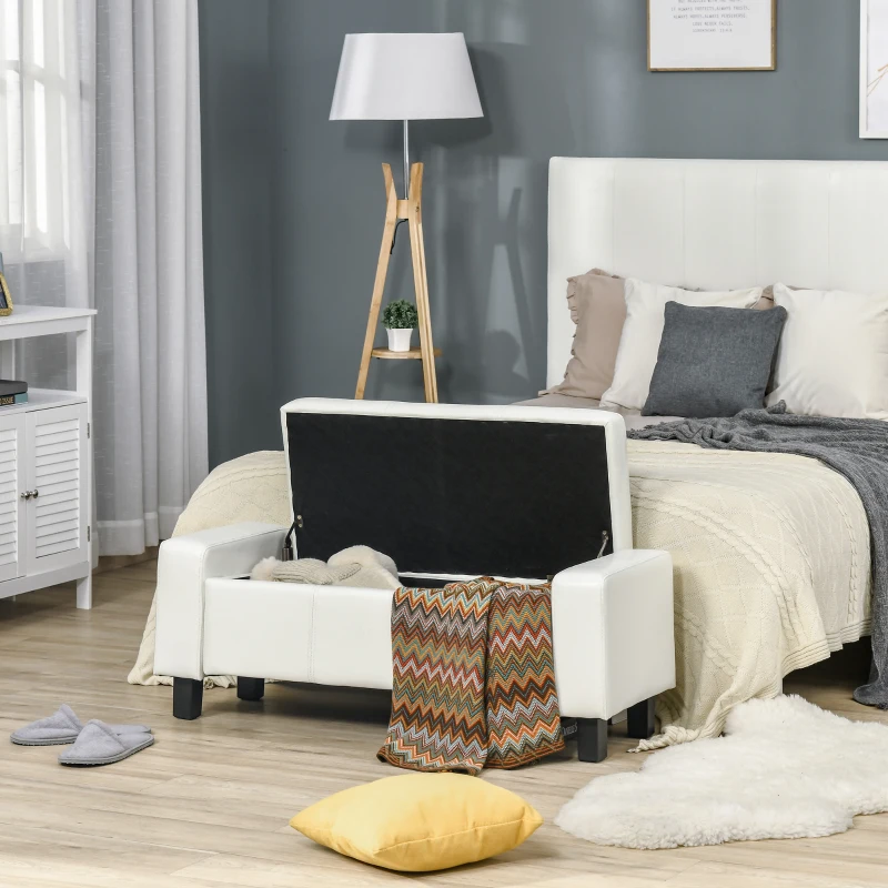 HOMCOM Ottoman Storage Chest Faux Leather Stool Bench Seat Bedding Blanket Box Home Furniture (White)