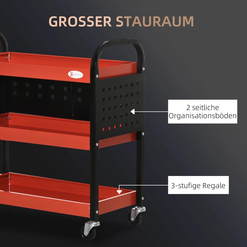 DURHAND Werkzeugwagen, Werkstattwagen, 3 Ablagen, 2 Lochwände, bis 100 kg, Stahl, rot, 75 x 35 x 80cm