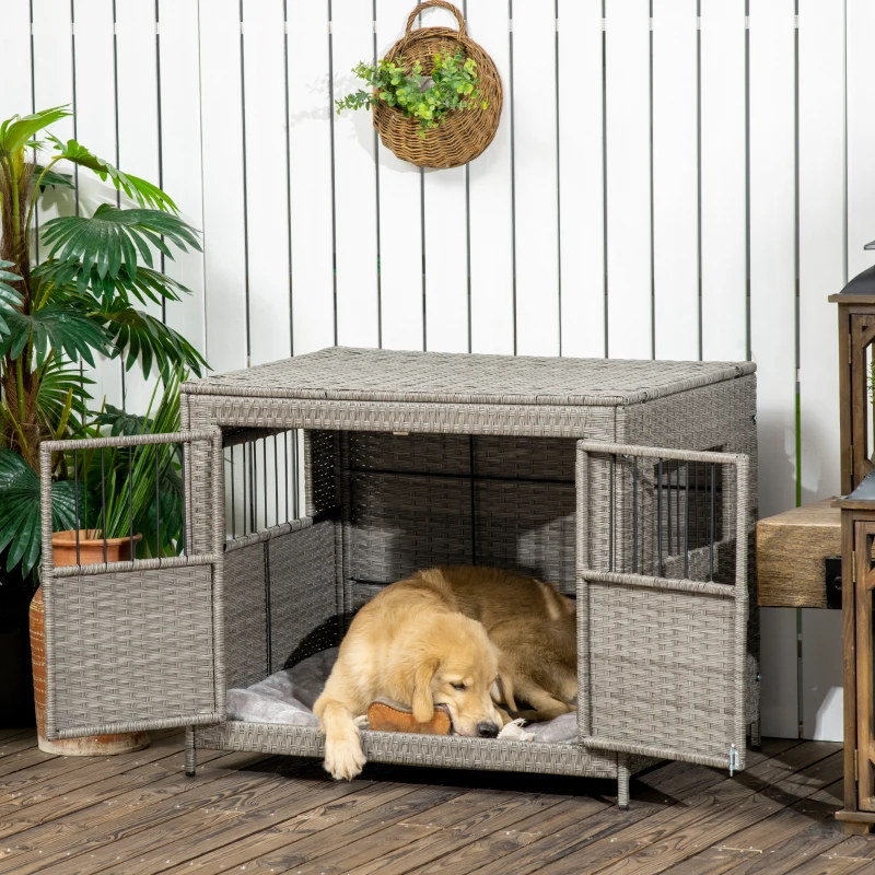 PawHut Wicker Dog Cage, Dog Crate with Lockable Door and Soft Washable Cushion for Medium to Large Sized Dogs, 85 x 61 x 70 cm, Grey