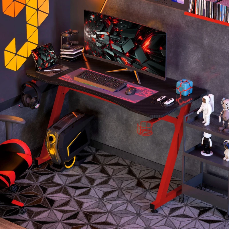 HOMCOM Mesa Gaming 120x65x74,5 cm Escritorio Ergonómico Gaming desk para Computadora PC con Portavasos Gancho para Auriculares y Pies Ajustables Efecto de Fibra de Carbono Rojo