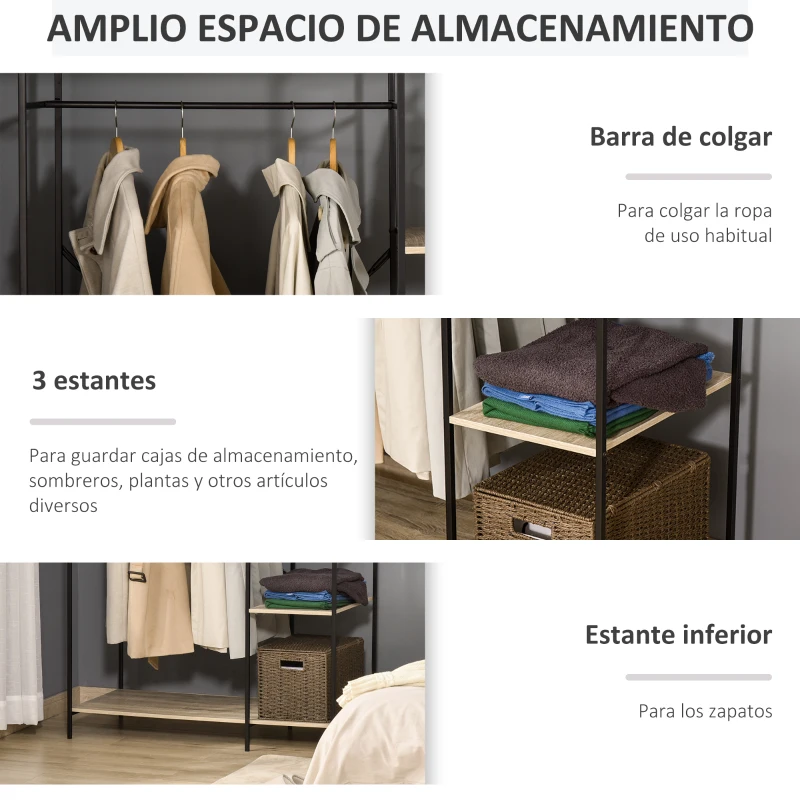 HOMCOM Perchero de Ropa Perchero de Madera con 4 Estantes de Almacenaje y Barra para Colgar Carga 30 kg para Dormitorio Salón Entrada 100x46x170,5 cm Natural