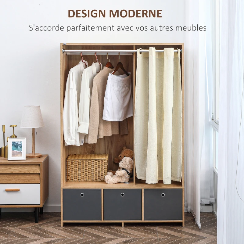 HOMCOM Armoire penderie armoire de rangement avec tringle rideaux 3 tiroirs en tissu amovibles 105 x 48 x 160 cm naturel
