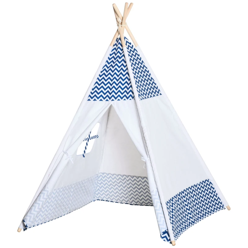 HOMCOM Tenda Indiana per Bambini Teepee in Tessuto e Legno con Finestra, Età 3-6 Anni, 120x120x155cm, Bianco e Blu