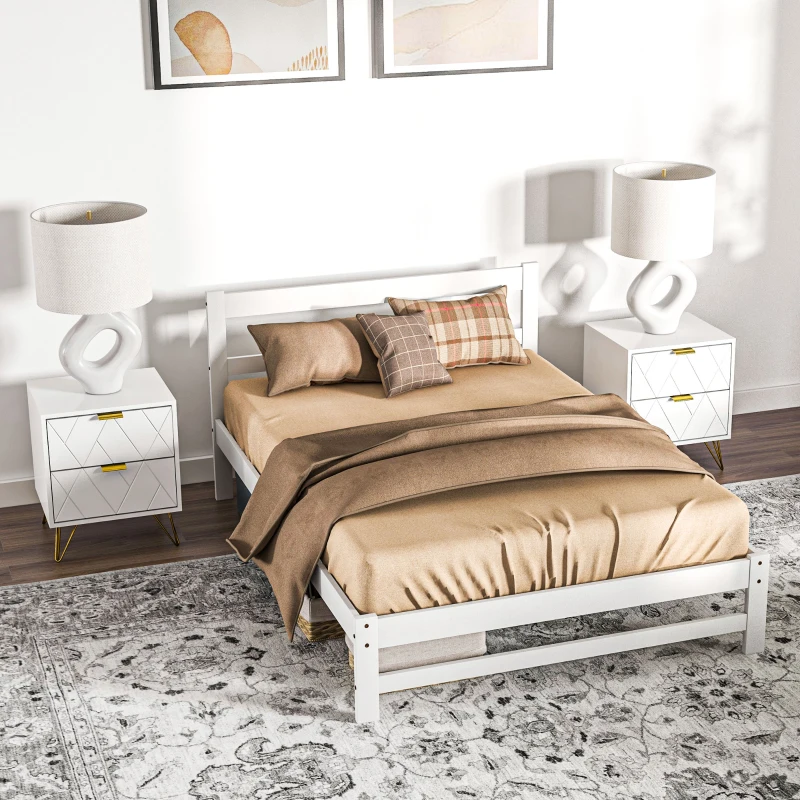 HOMCOM Marco de Cama de Madera 195x141 cm Estructura de Cama Doble para Colchón de 135x190 cm (no incluido) Carga 300 kg Blanco