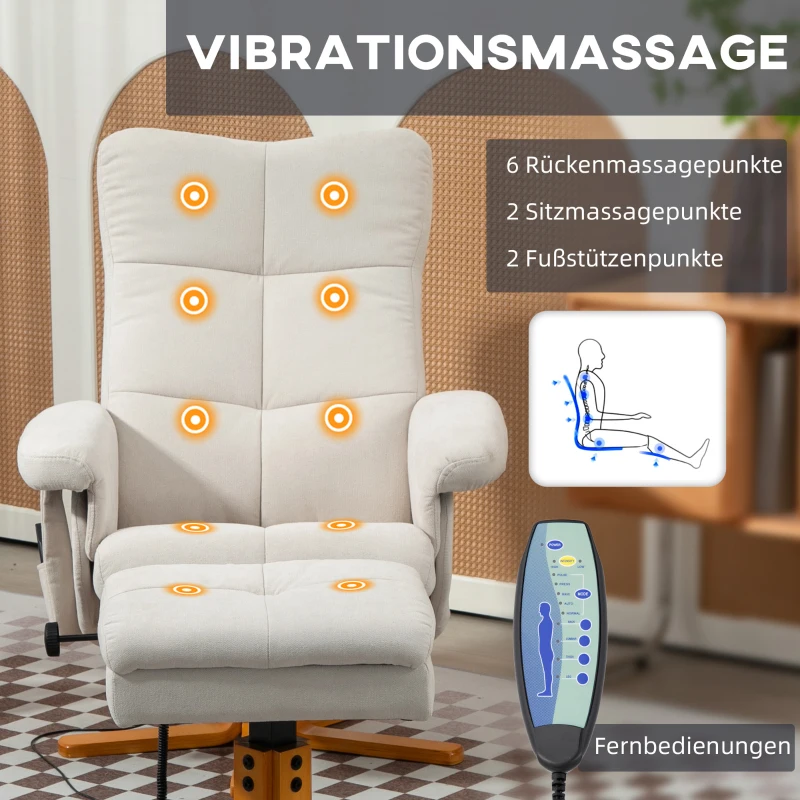 HOMCOM Massagesessel mit Liegefunktion und Fußhocker, 145°-Neigung, Polyester, 80 x 86 x 99 cm, Cremeweiß(m-4)