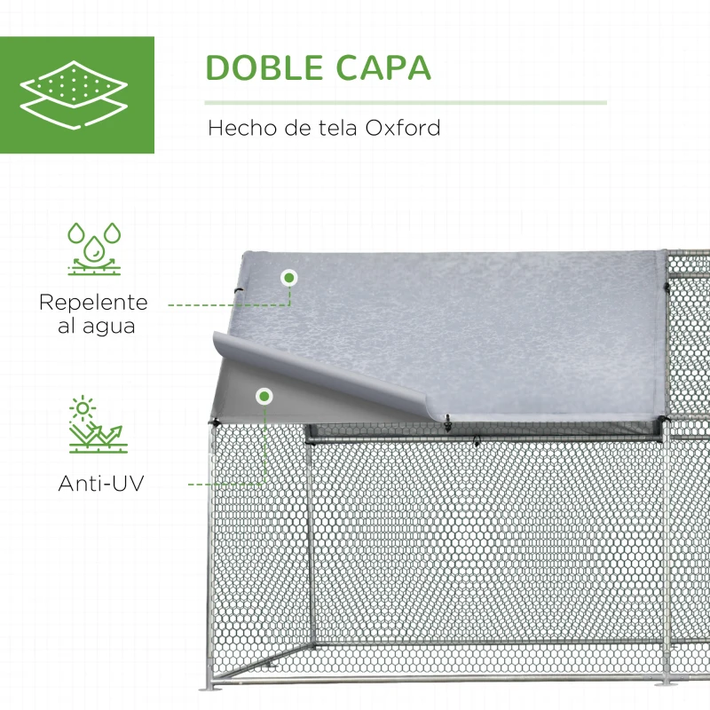 PawHut Gallinero de Exterior 2,8x3,8x1,95 m Gallinero Grande Cubierta de Tela Oxford y Corral de Metal Galvanizado Plata