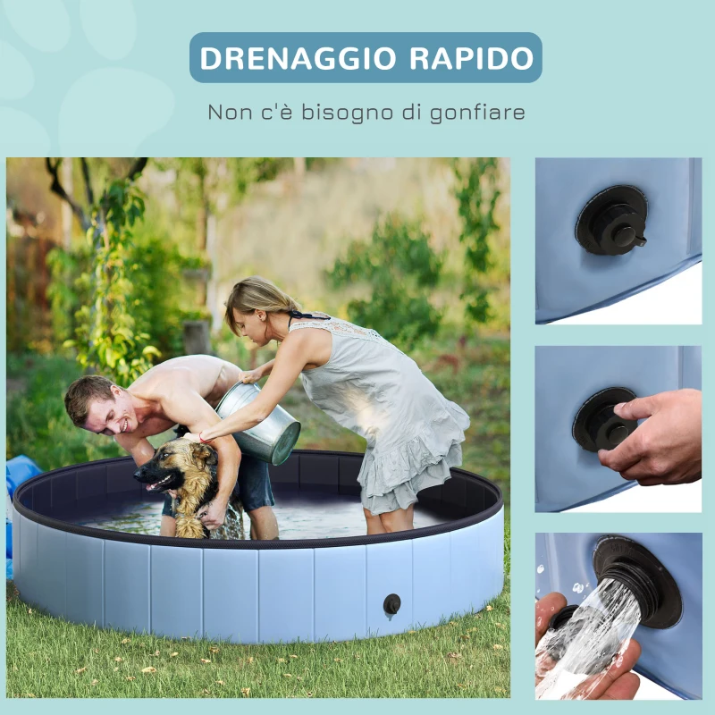 PawHut Piscina Vasca da Bagno Portatile Pieghevole per Cani Animali Domestici in PVC Azzurro Φ160 x 30cm