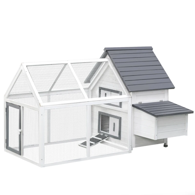 PawHut Poulailler clapier modèle villa multi-équipée : rampe, nichoirs, perchoirs, plateau excrément, 2 portes bois massif pin gris blanc