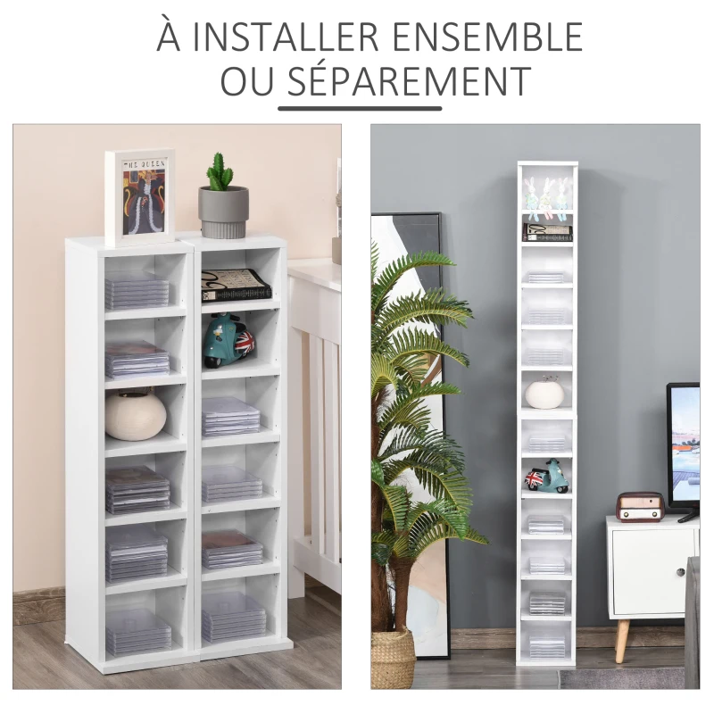 HOMCOM Lot de 2 étagères colonnes armoire de rangement CD-DVD 6 + 6 compartiments 21 x 22,5 x 88,5 cm capacité max. 204 CD blanc