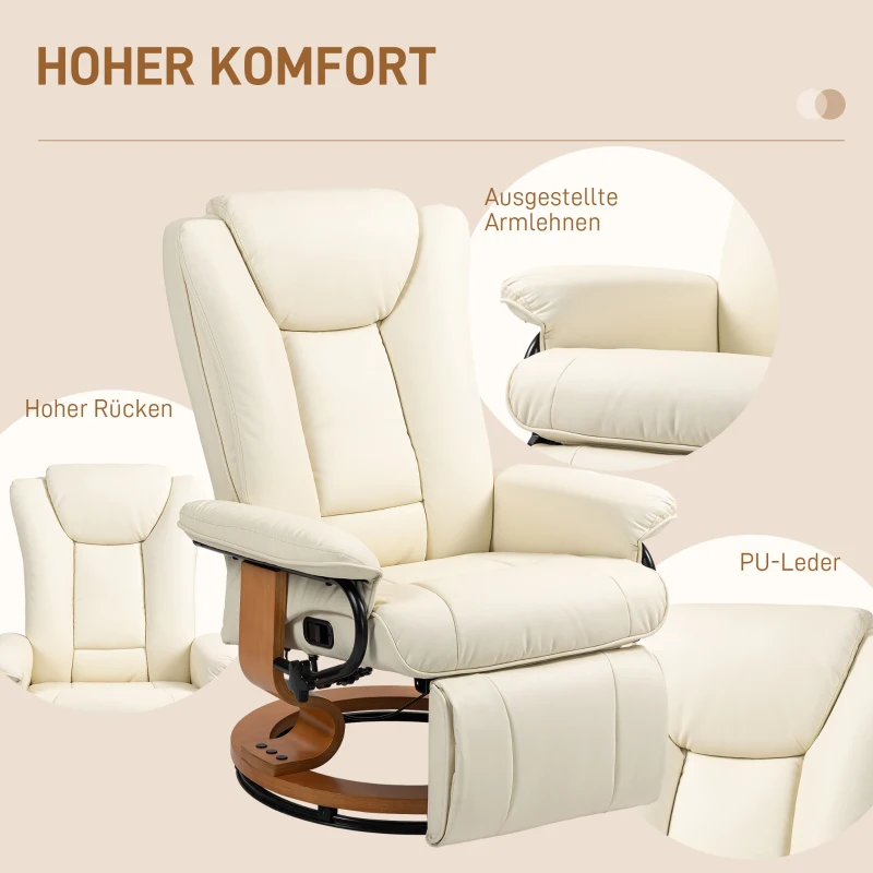 HOMCOM Relaxsessel mit Liegefunktion, drehbar, bis 150 kg, Kunstlederbezug, Stahlrahmen, Cremeweiß(m-7)