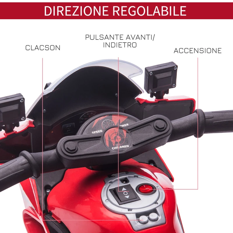 HOMCOM Moto Elettrica per Bambini con Sirena della Polizia e Fari, Velocità 3km/h e Batteria 6V Ricaricabile, 69x39x43cm, Rosso