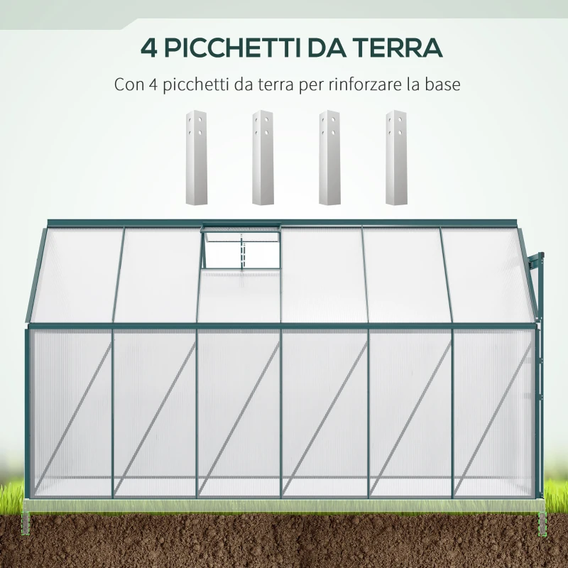 Outsunny Serra da Giardino in Policarbonato 190x375x199cm, con Finestra Apribile e Porta Scorrevole, Struttura in Alluminio, Verde