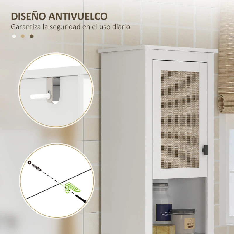HOMCOM Columna de Baño con Estantes Ajustables 2 Puertas con Frontal de Ratán y 2 Compartimentos 40x30x167,5 cm Blanco