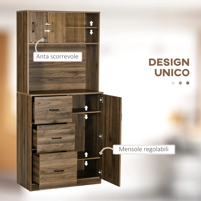 HOMCOM Credenza Moderna con 3 Cassetti e Armadietti, Mobile Dispensa per Cucina e Soggiorno in Legno, 80x40x178cm, Noce