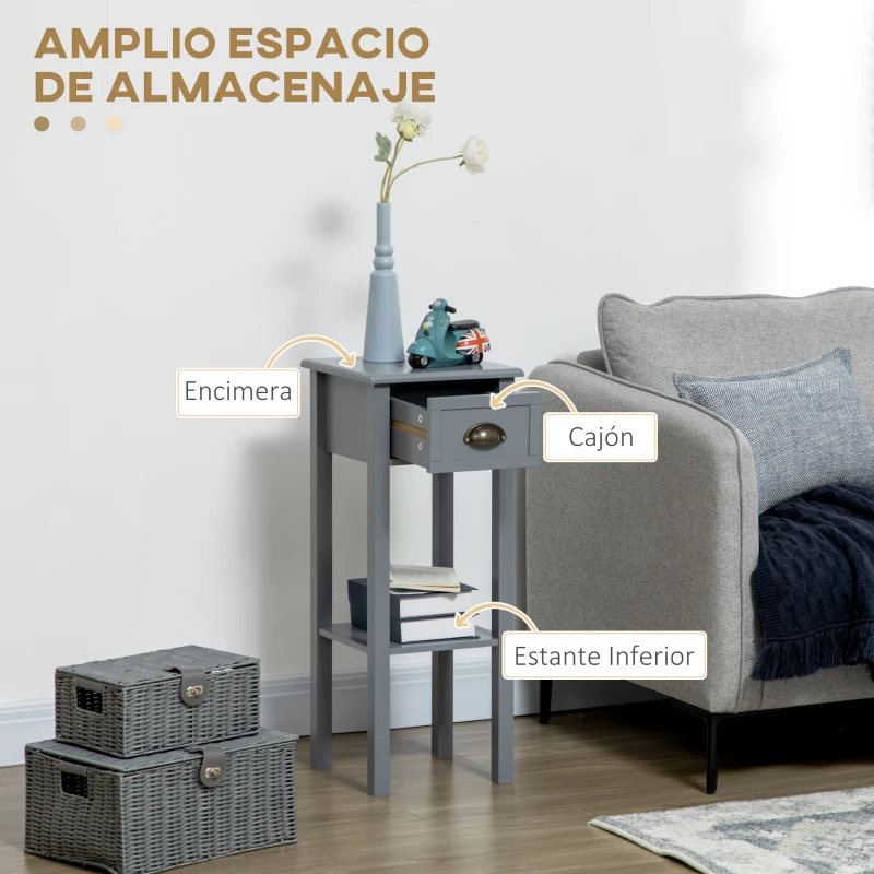 HOMCOM Mesa Auxiliar Estilo Moderno Mesita Auxiliar con Cajón y Estante de Almacenamiento 30x30x75 cm Gris