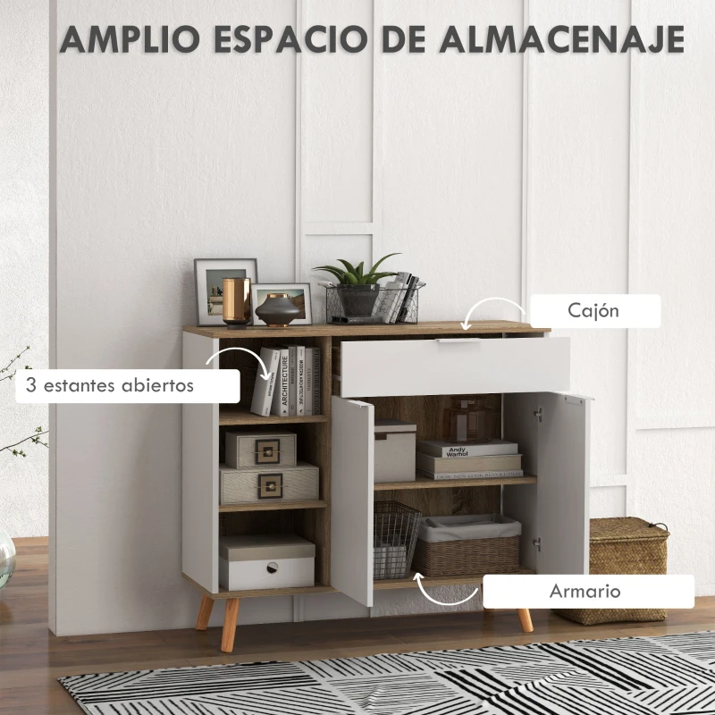 HOMCOM Aparador de Cocina con 1 Cajón 2 Puertas de Cierre Suave y Estantes Ajustables para Comedor 95x35x85 cm Blanco y Natural