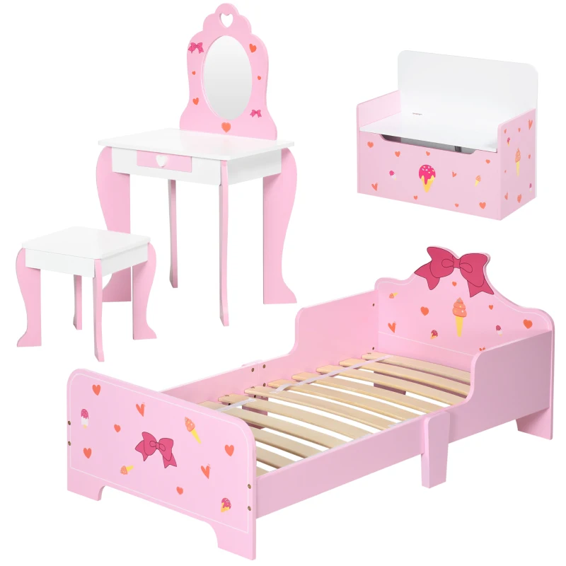 ZONEKIZ 4PCs Kids Bedroom Furniture Set with Bed, Toy Box Bench, Dressing Table and Stool, Princess Themed, for 3-6 Years Old, Pink