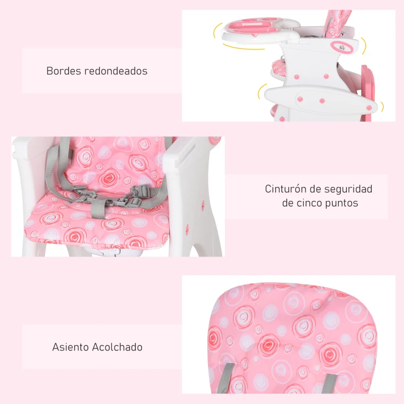 HOMCOM Trona para Bebés 2 en 1 para 6 Meses a 6 Años Transformable en Mesa y Silla Multifuncional Ajustable en 3 Posiciones Respaldo Alto Acolchado con 2 Bandejas Extraíbles 57x59x105 cm Rosa