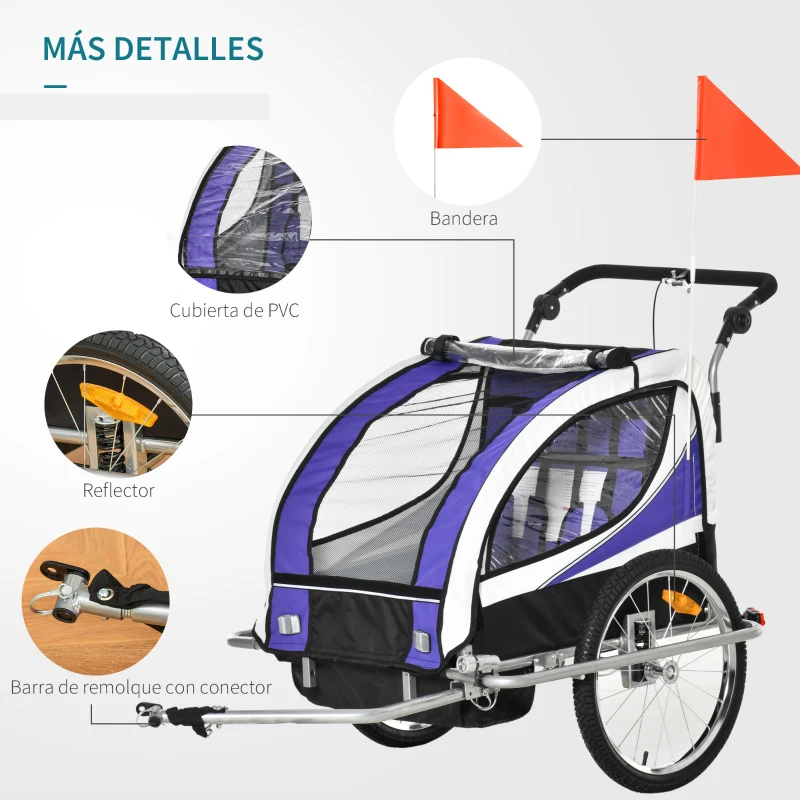 HOMCOM Remolque para Bicicleta con Barra de Paseo para Niños de 2 Plazas con Rueda Delantera Giratoria 360° y Asiento Acolchado Carga Máx. 40 kg Violeta