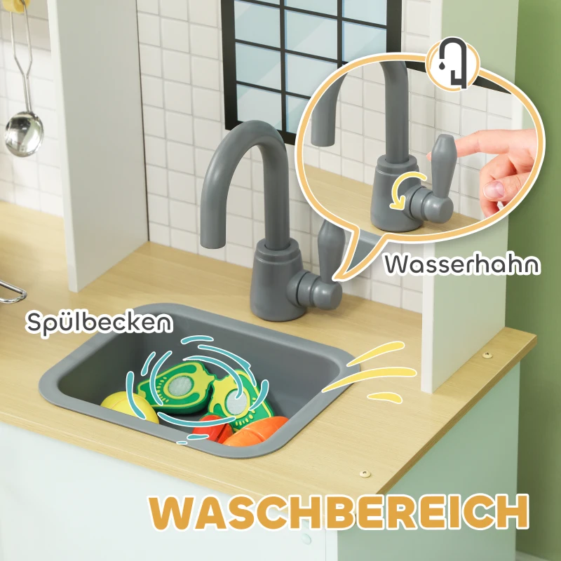 AIYAPLAY Spielküchen-Set, Kinderküche zum Spielen mit Mikrowelle, Herd und Backofen, Kochutensilien, MDF, Edelstahl, Blau(m-7)