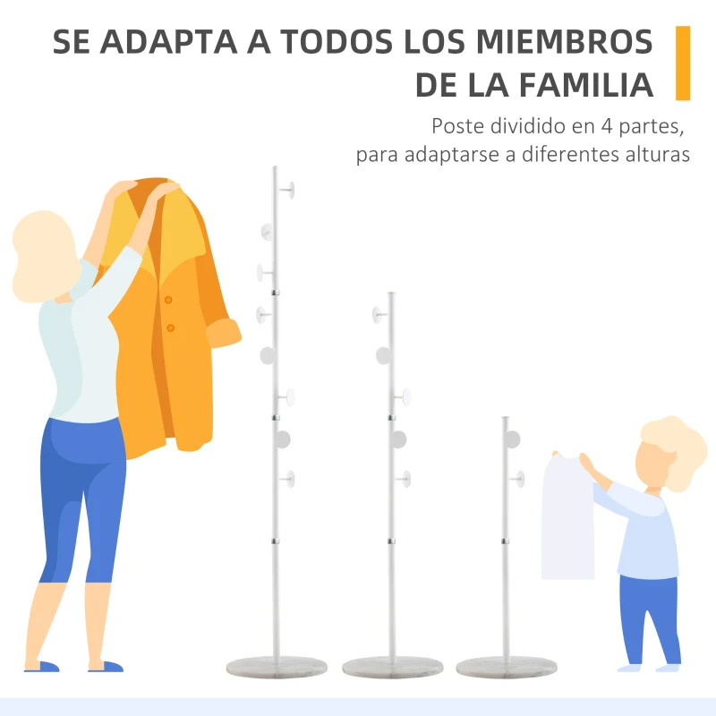 HOMCOM Perchero de Pie Perchero para Abrigos con 8 Ganchos para Colgar Ropa Bolsas Sombreros y Base de Mármol para Dormitorio Pasillo Entrada 35x35x170 cm Blanco