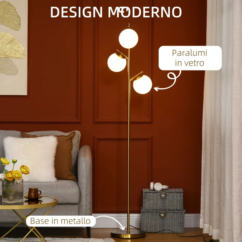 HOMCOM Lampada da Terra Moderna con 3 Punti Luce in Acciaio e Vetro, Ø27x159cm, Oro