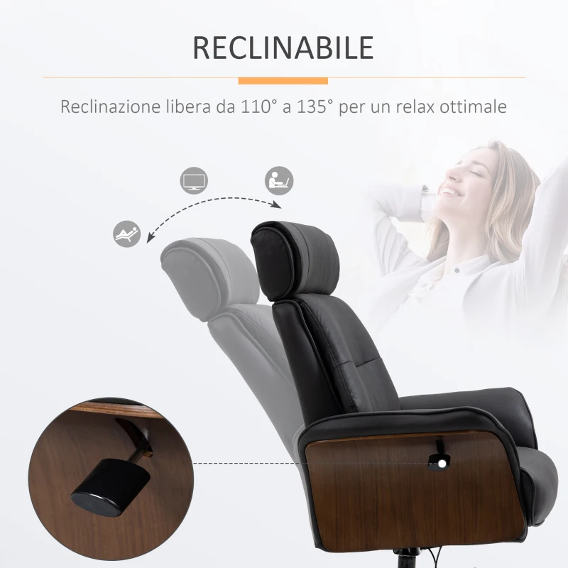 HOMCOM Poltrona Reclinabile con Poggiatesta Regolabile e Seduta Imbottita, in Acciaio e Legno, 84x83x103 cm