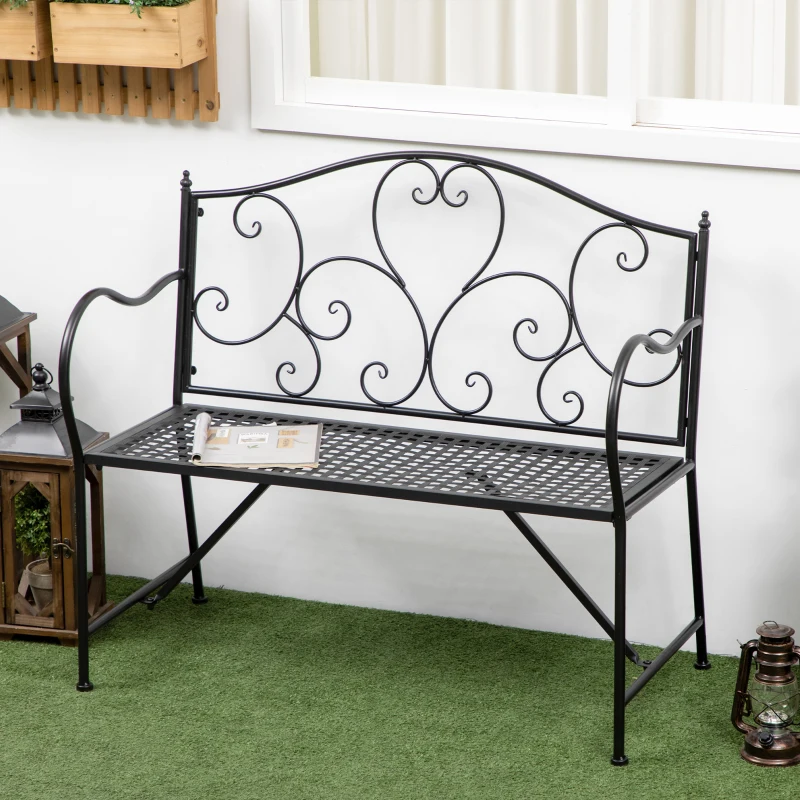 Outsunny Banc de jardin 2 places banquette extérieur terrasse patio en acier style romantique - 106 x 42 x 95 cm noir
