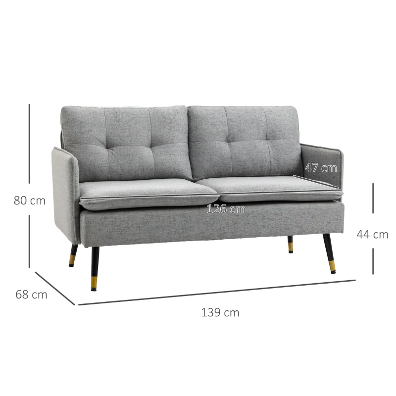HOMCOM 2er-Sofa im Retrodesign, mit Knopfheftung, Sofa, Leinenoptik, Hellgrau + Schwarz + Gold