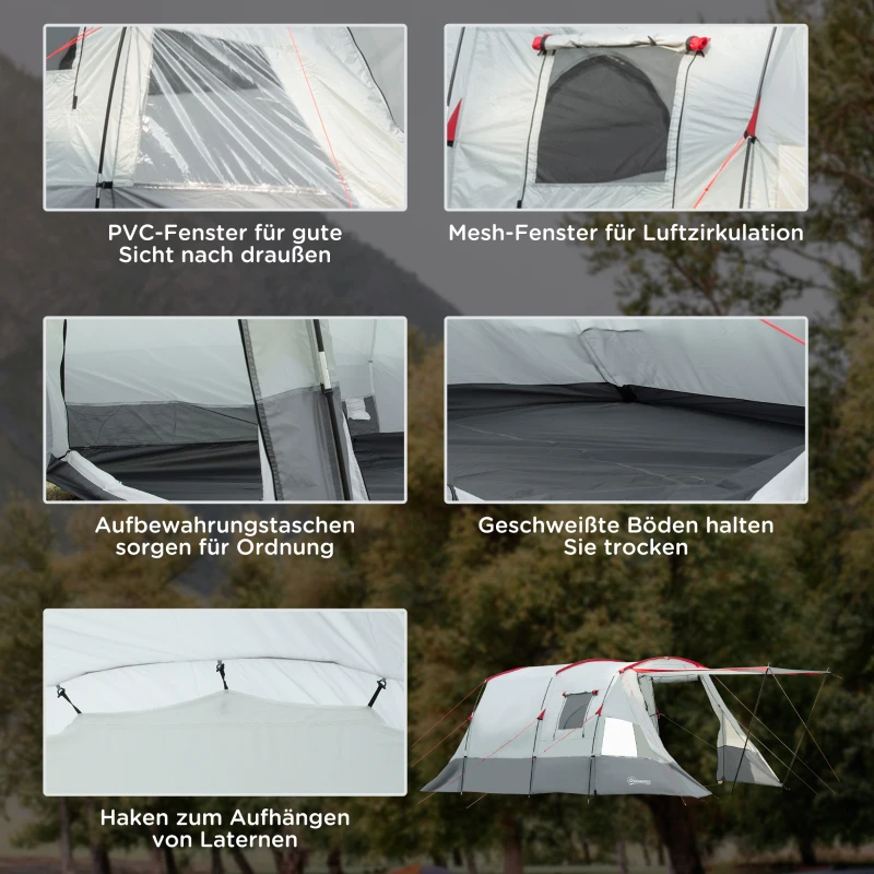 Outsunny Campingzelt, für 6-8 Personen, zwei Räume, Lampenhaken, mit Tragetasche, grau, 5,10x2,40x1,80m